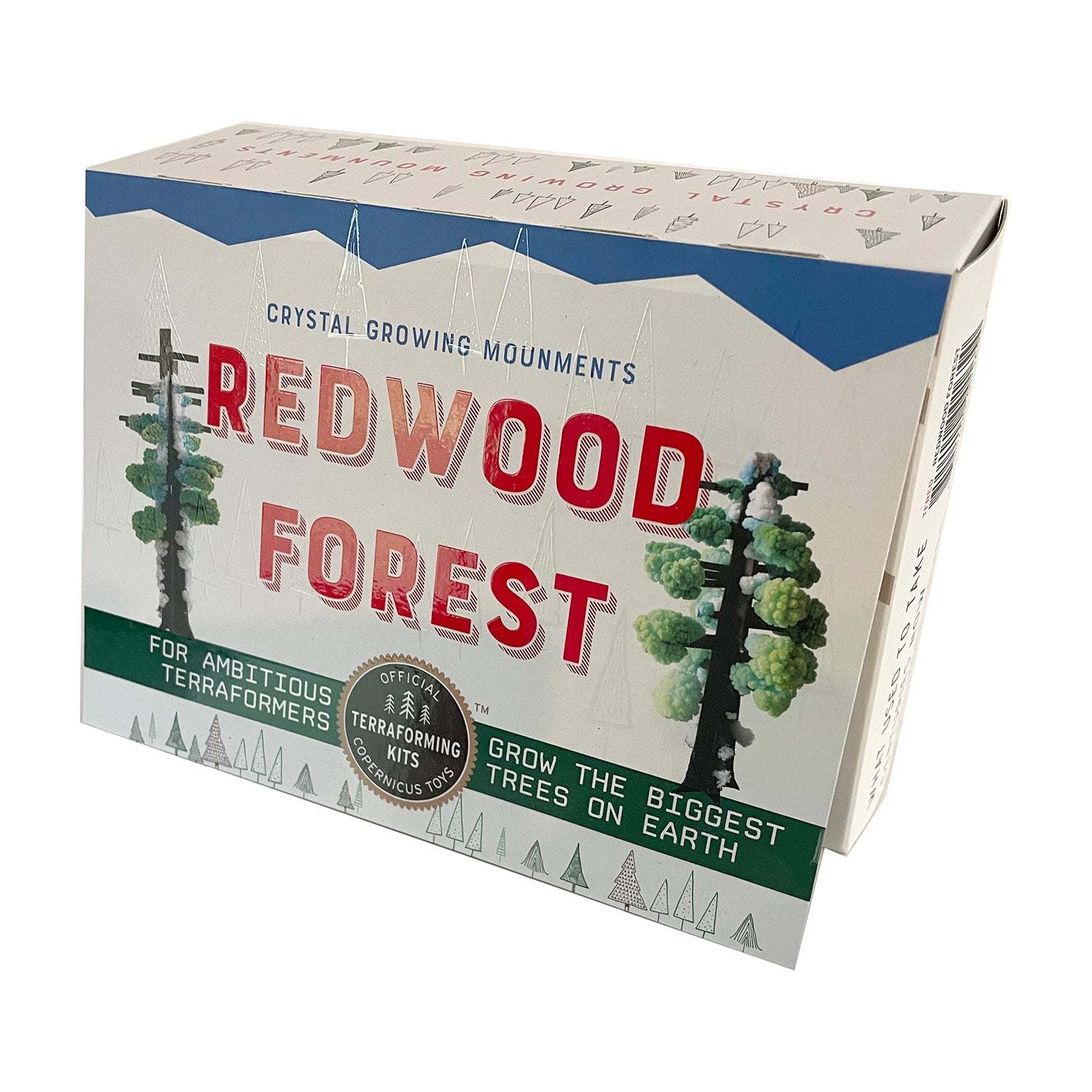 Box for 'Redwood Forest' crystal growing monuments with tree graphics and text.