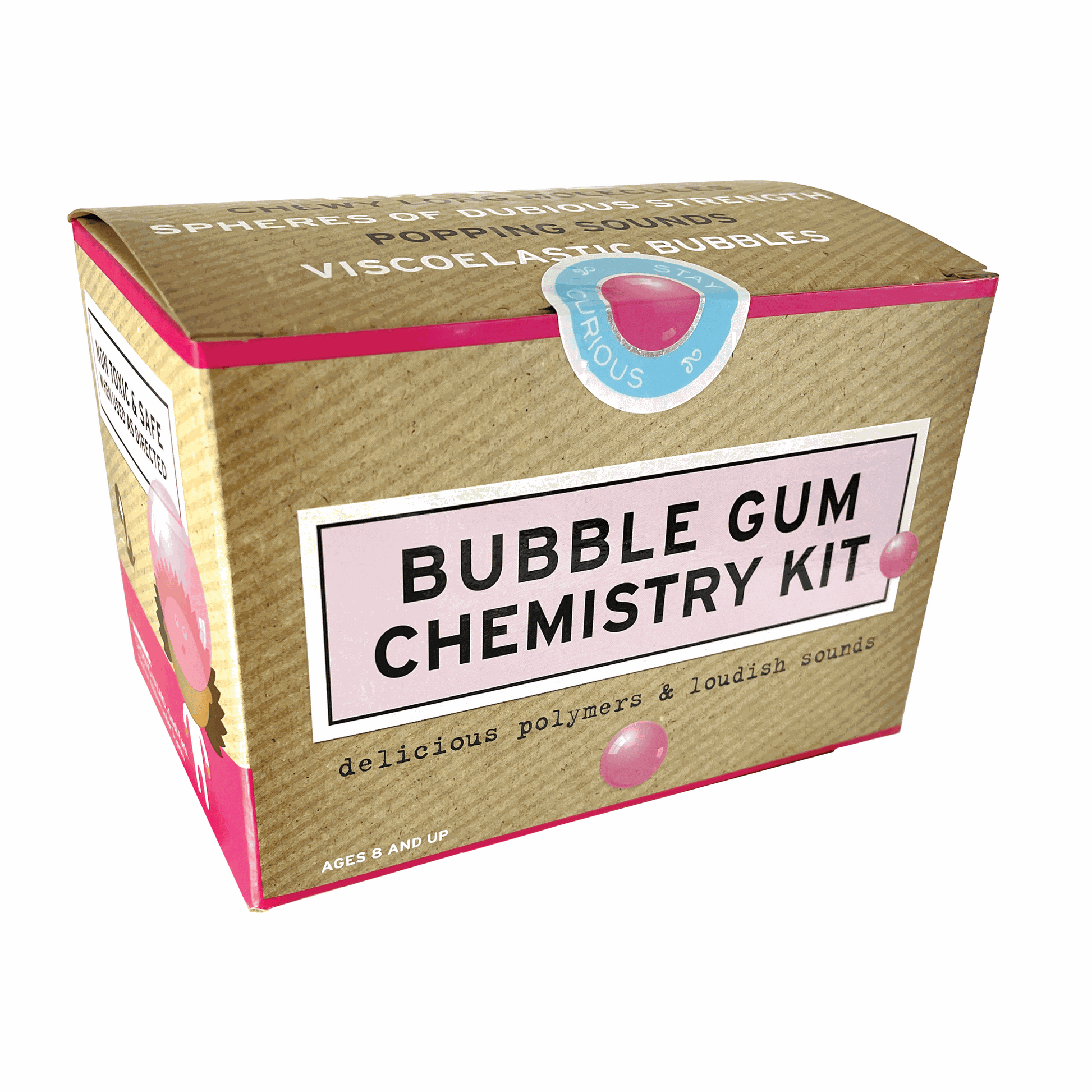 Box of bubble gum chemistry kit with text and graphics on a white background