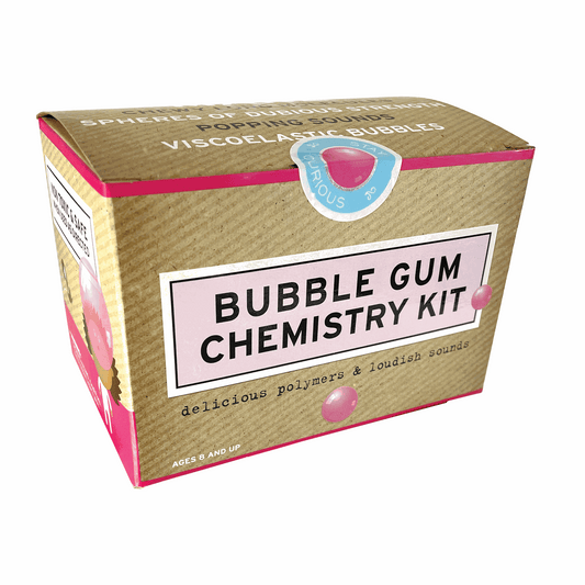 Box of bubble gum chemistry kit with text and graphics on a white background