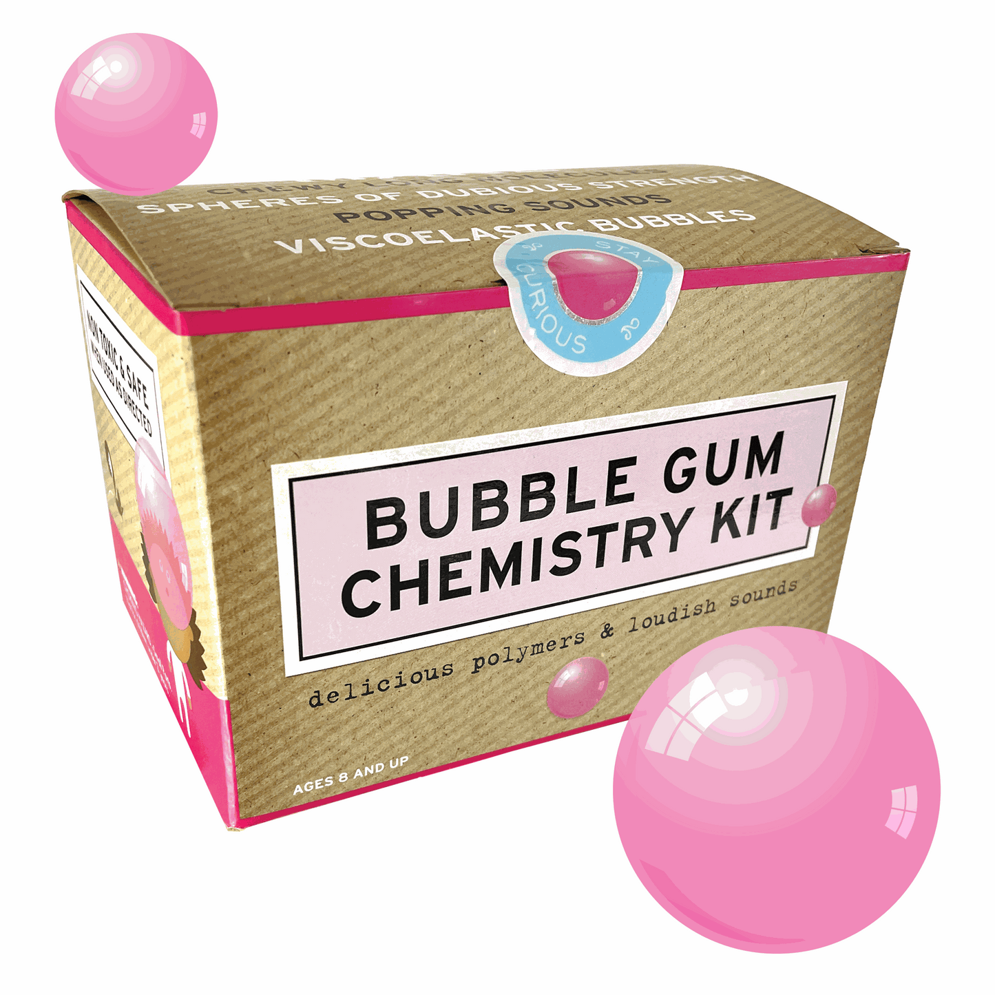 Bubble Gum Chemistry Kit with pink bubbles on a white background