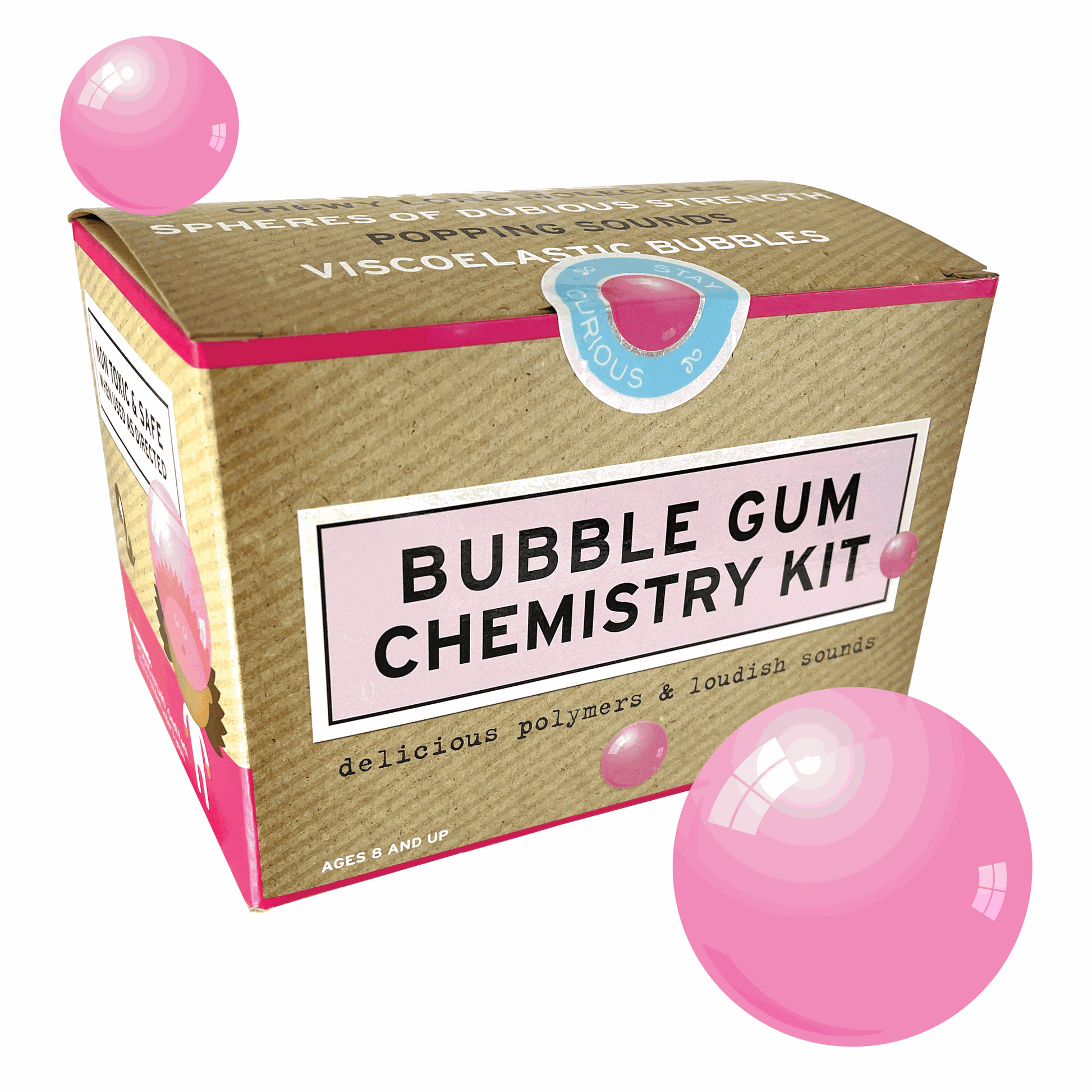 Bubble Gum Chemistry Kit with pink bubbles on a white background