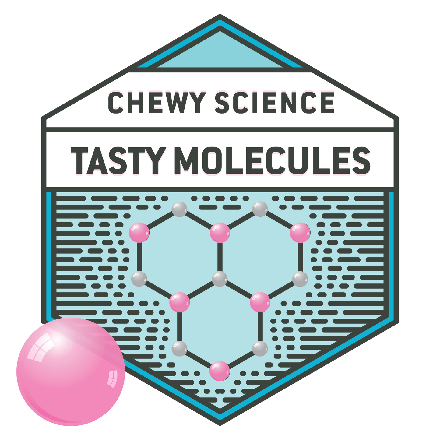Logo for 'Chewy Science Tasty Molecules' with a molecular structure and pink bubble gum bubble.