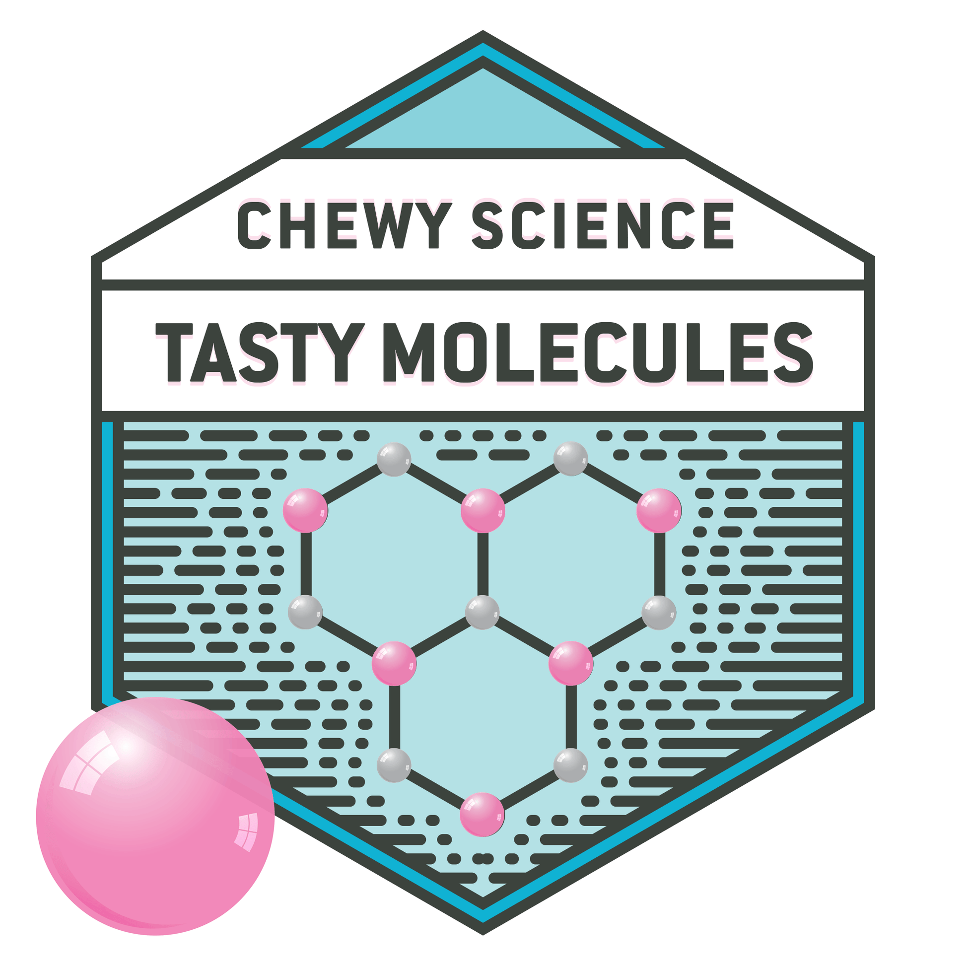 Logo for 'Chewy Science Tasty Molecules' with a molecular structure and pink bubble gum bubble.
