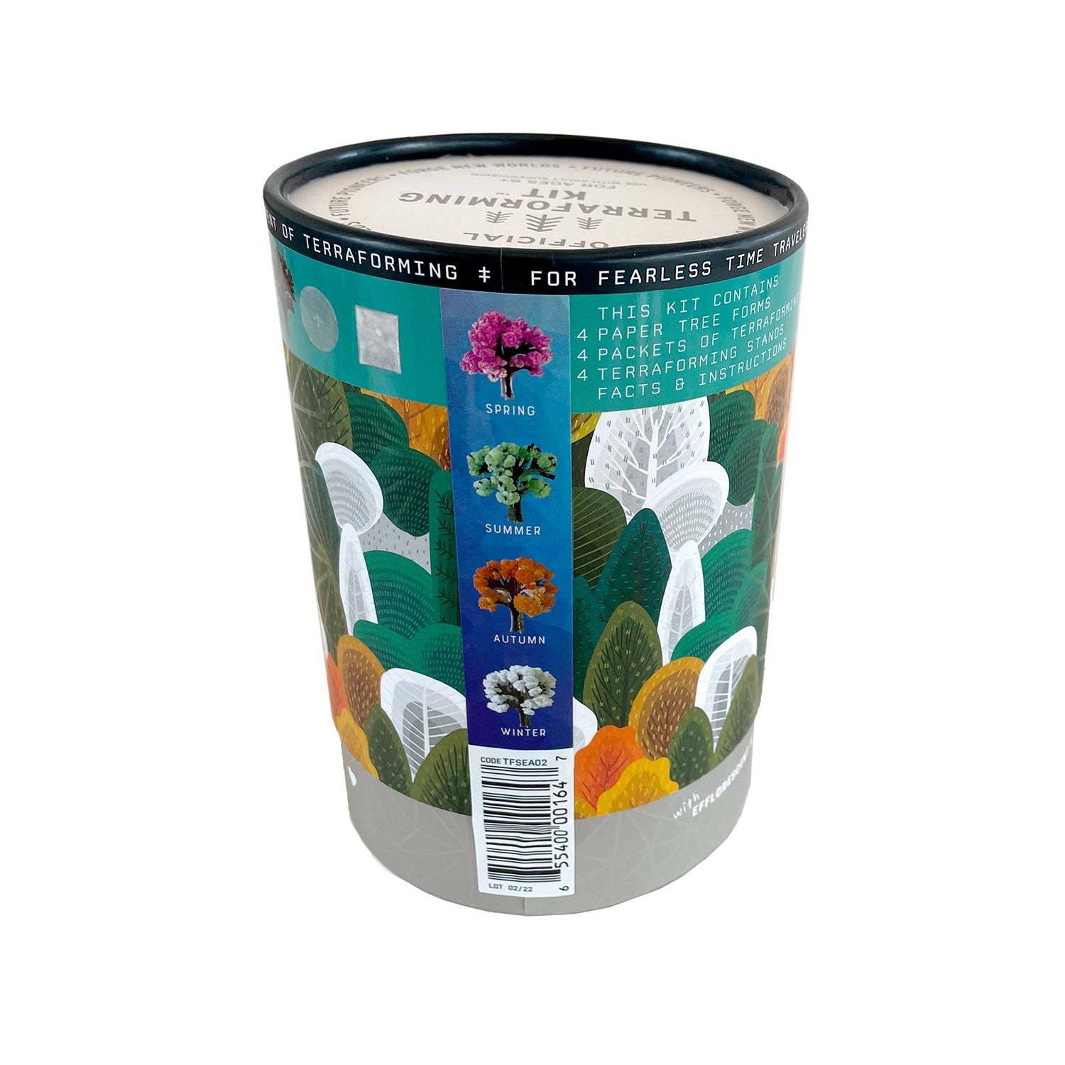 Colorful cylindrical container with leaf designs and text on a white background