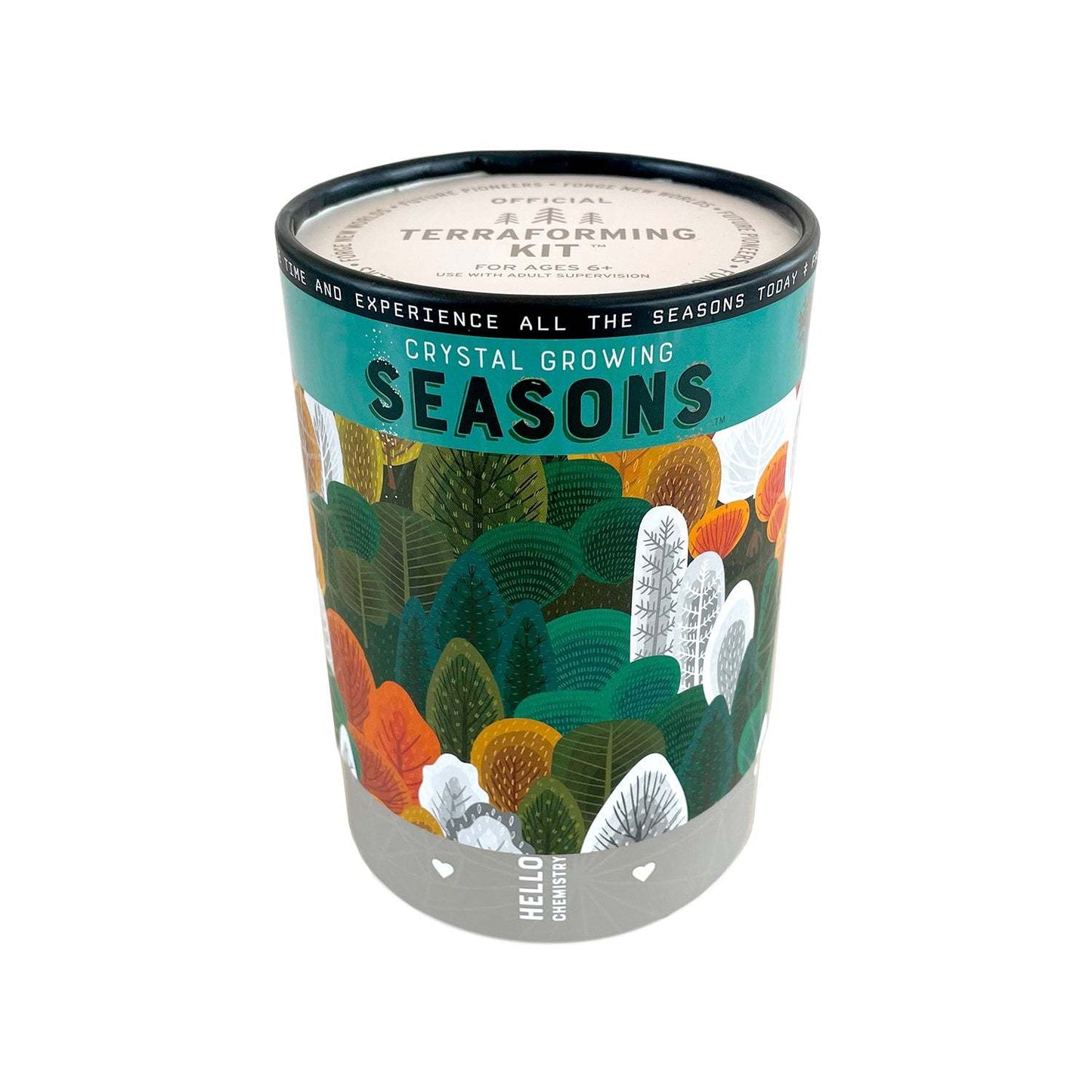 Crystal growing kit packaging with 'Seasons' text and colorful design on a white background