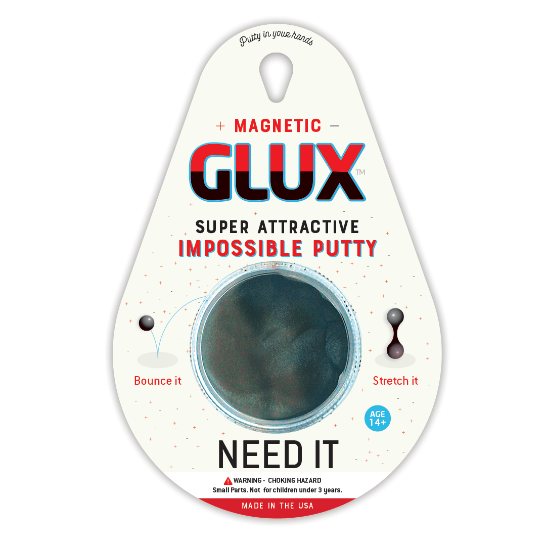 Packaging of GLUX magnetic putty with text and a small sample on a white background