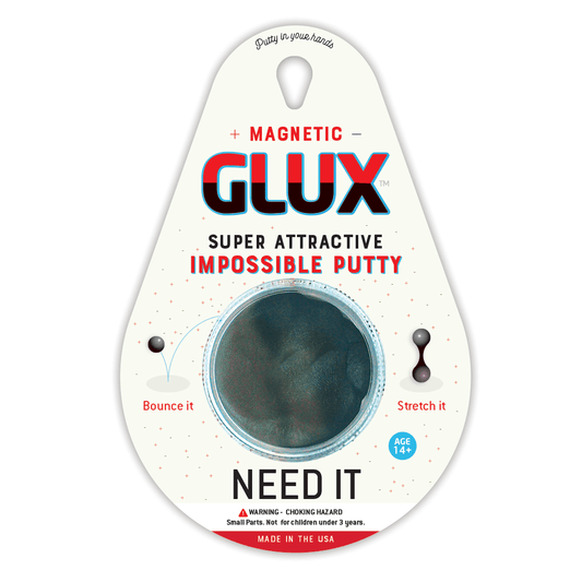 Packaging of GLUX magnetic putty with text and a small sample on a white background