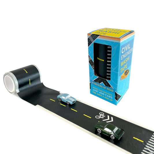 Roll of road tape with toy cars and packaging on a white background