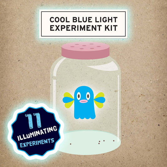 Cool blue light experiment kit with a cartoon fish and text on a cardboard background
