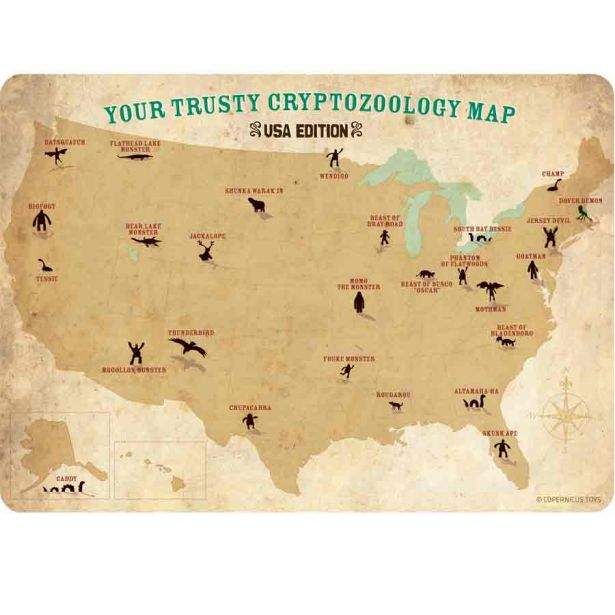 Map of the USA with cryptid locations labeled, titled 'Your Trusty Cryptozoology Map USA Edition'.