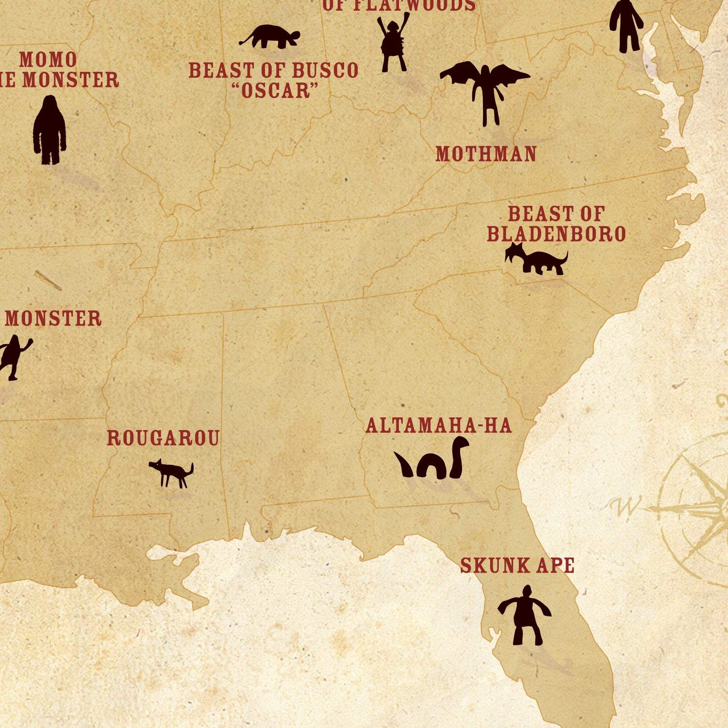 Map of the United States with various legendary creatures labeled in red text on a beige background.
