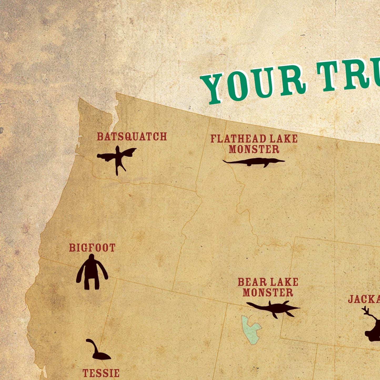 Map of Washington state with locations of various mythical creatures labeled.