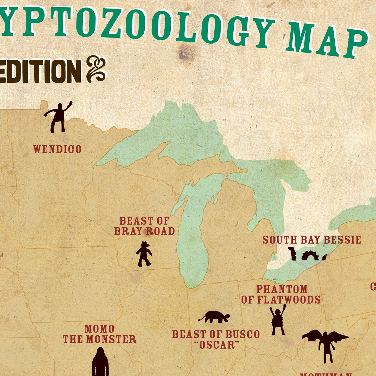 Map titled 'Cycytozoology Map' with various creatures labeled on a vintage map background.