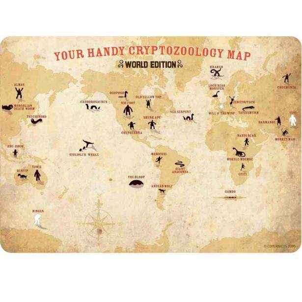 World map with cryptozoological symbols on a vintage-style background