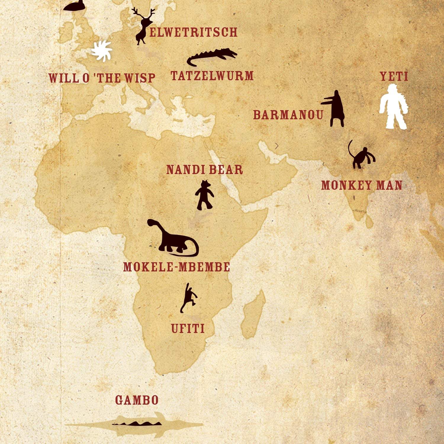 World map with various mythical creatures labeled on a vintage paper texture