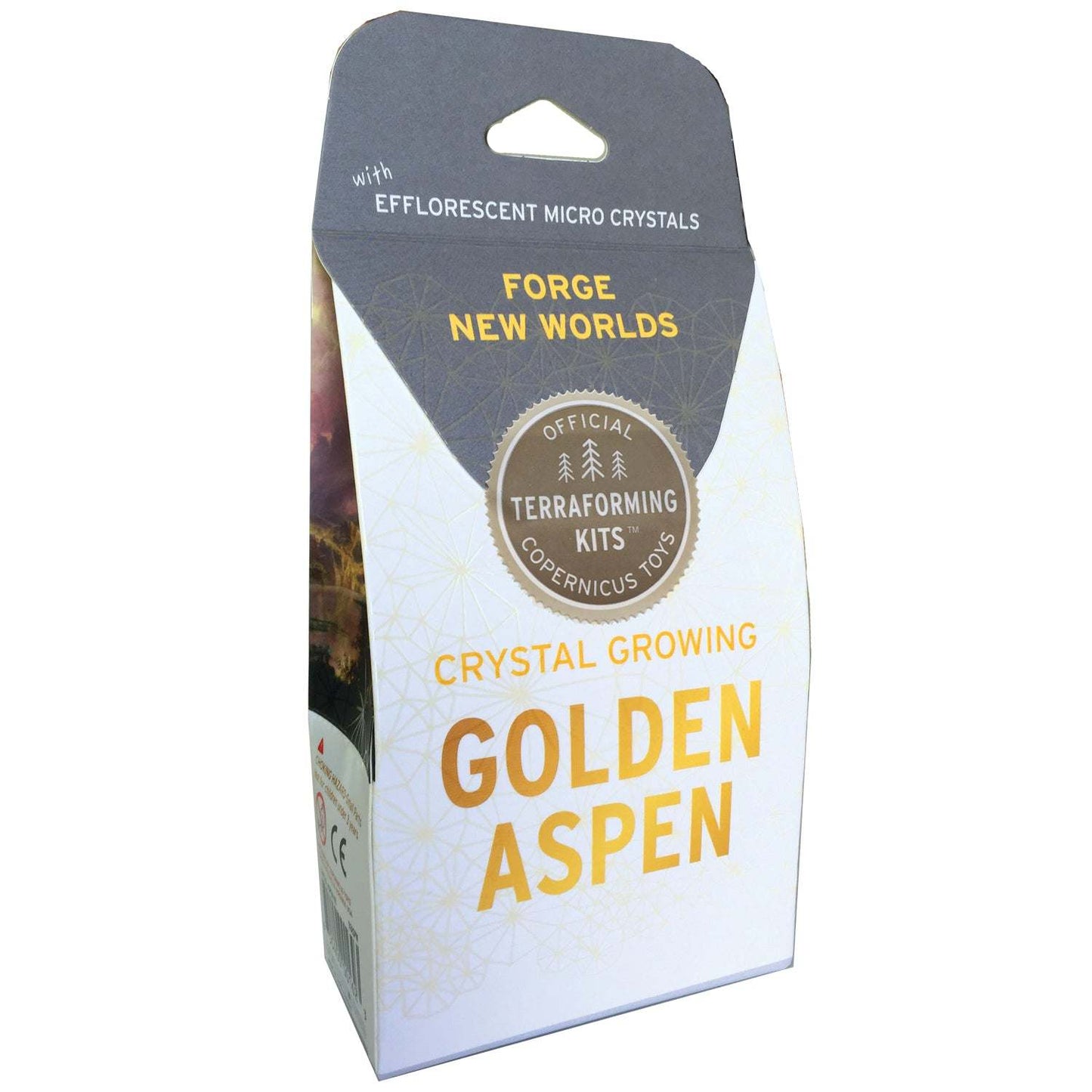 Crystal growing kit packaging with 'Golden Aspen' text on a white background