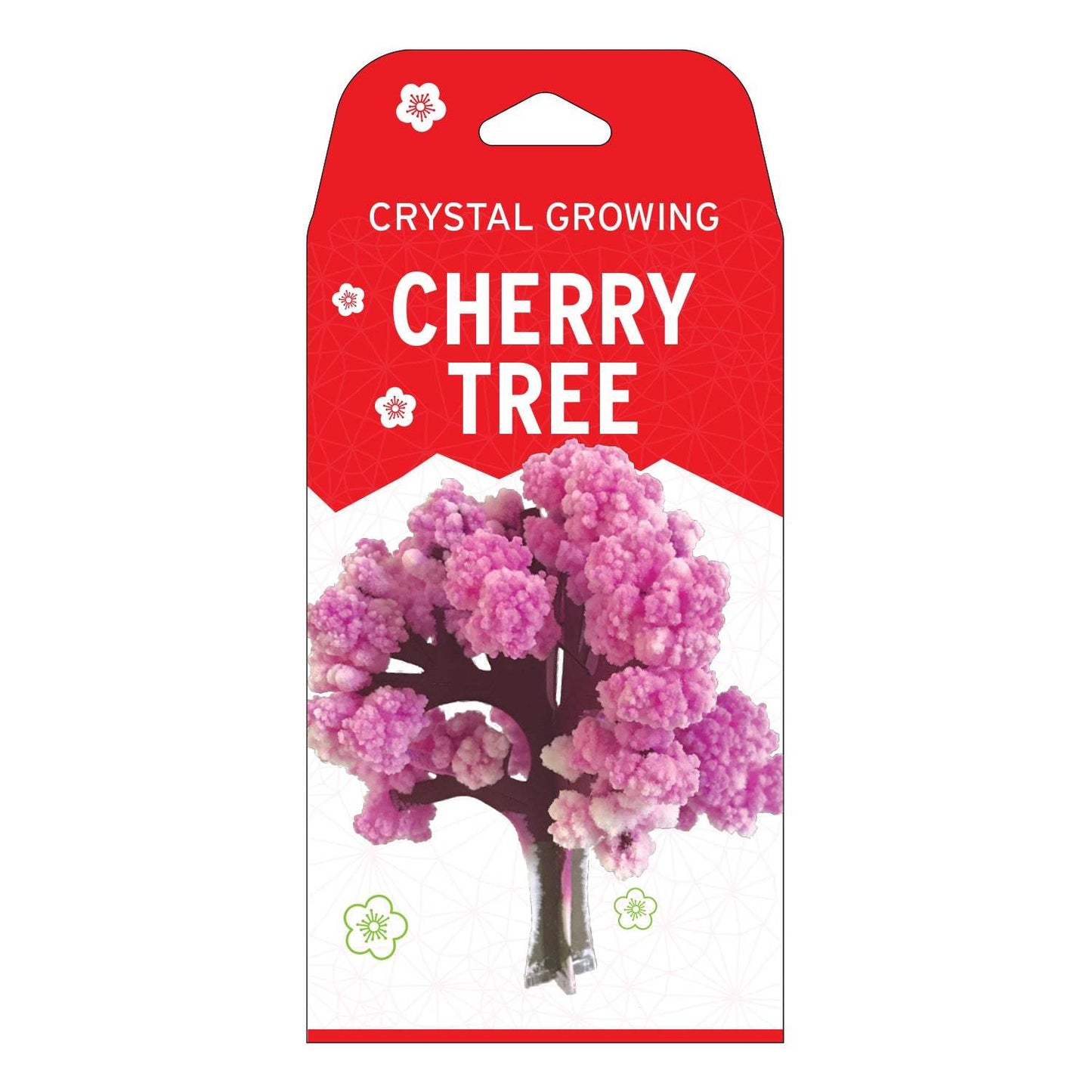 Packaging of a crystal growing cherry tree kit with red label and pink tree illustration.