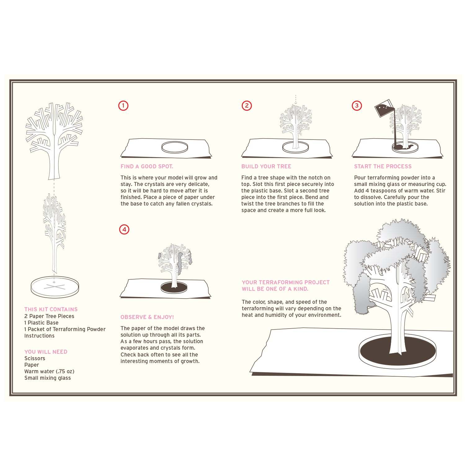 Step-by-step guide for crystal growing tree on a white background