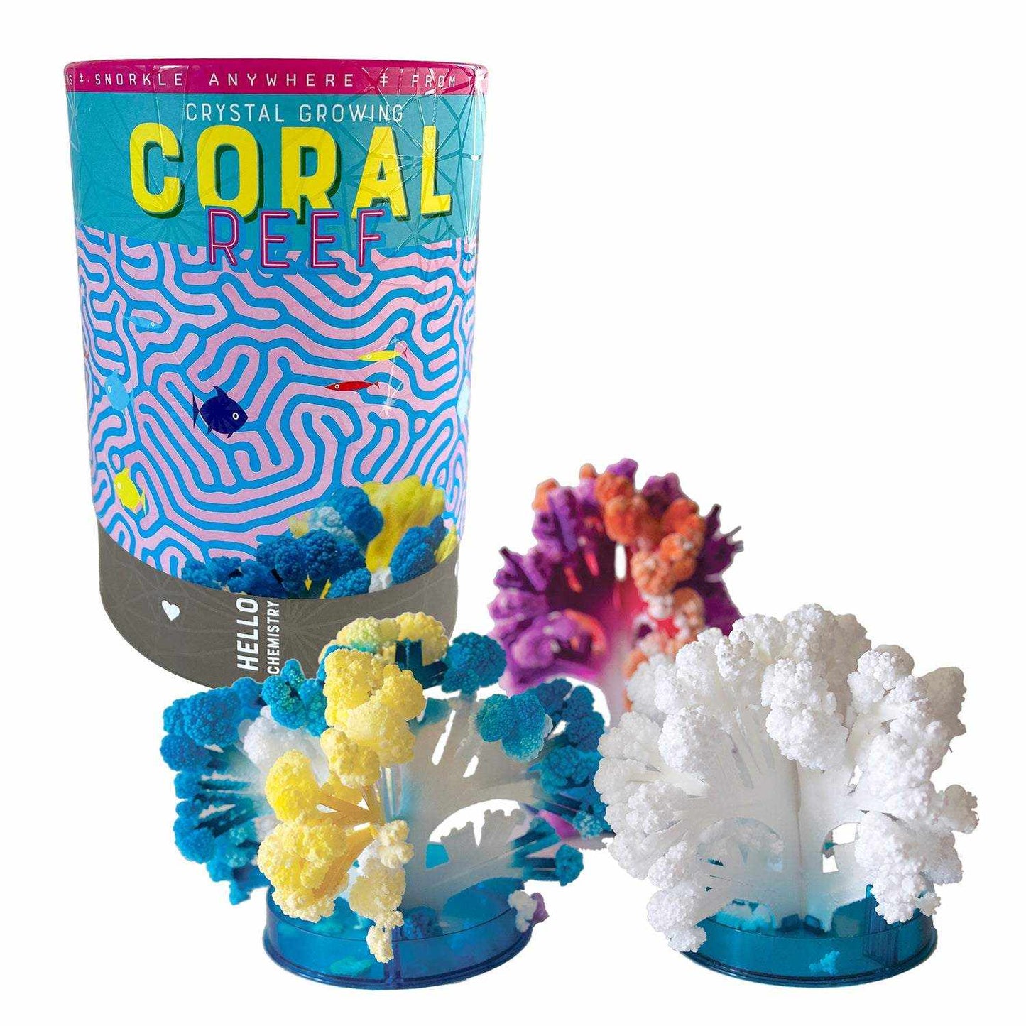 Crystal growing coral reef kit with colorful coral structures and packaging on a white background