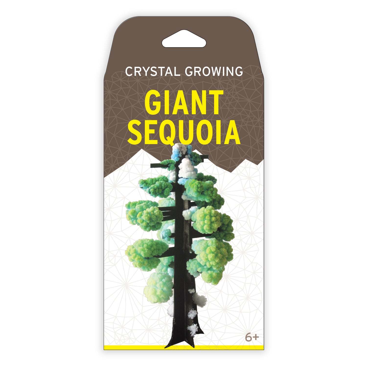 Crystal growing kit packaging for Giant Sequoia with tree illustration and text on a white background