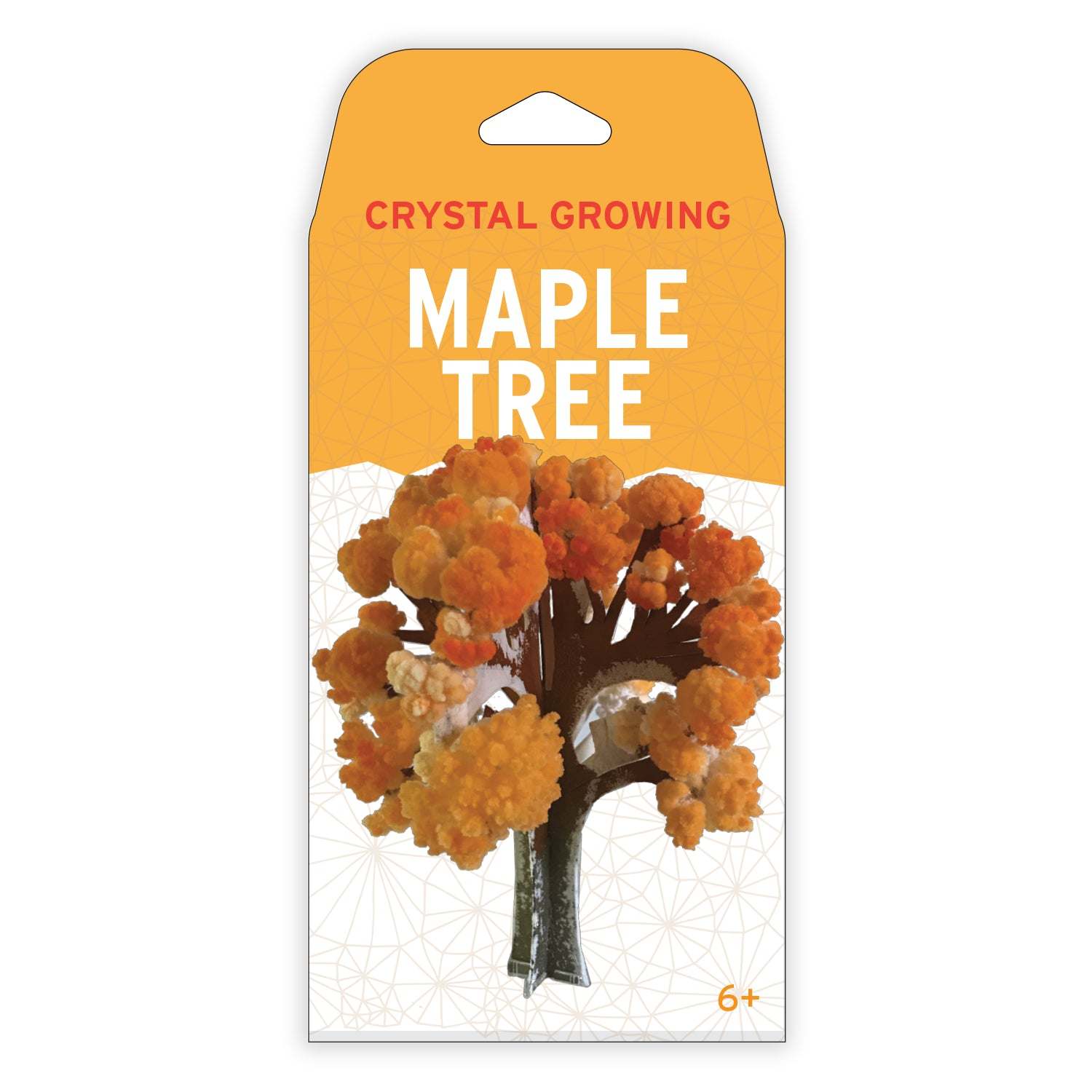 Crystal growing kit packaging for a maple tree with an orange label and tree illustration.