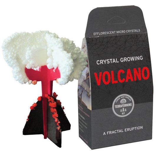 Crystal growing volcano kit with packaging labeled 'Crystal Growing Volcano' on a white background.