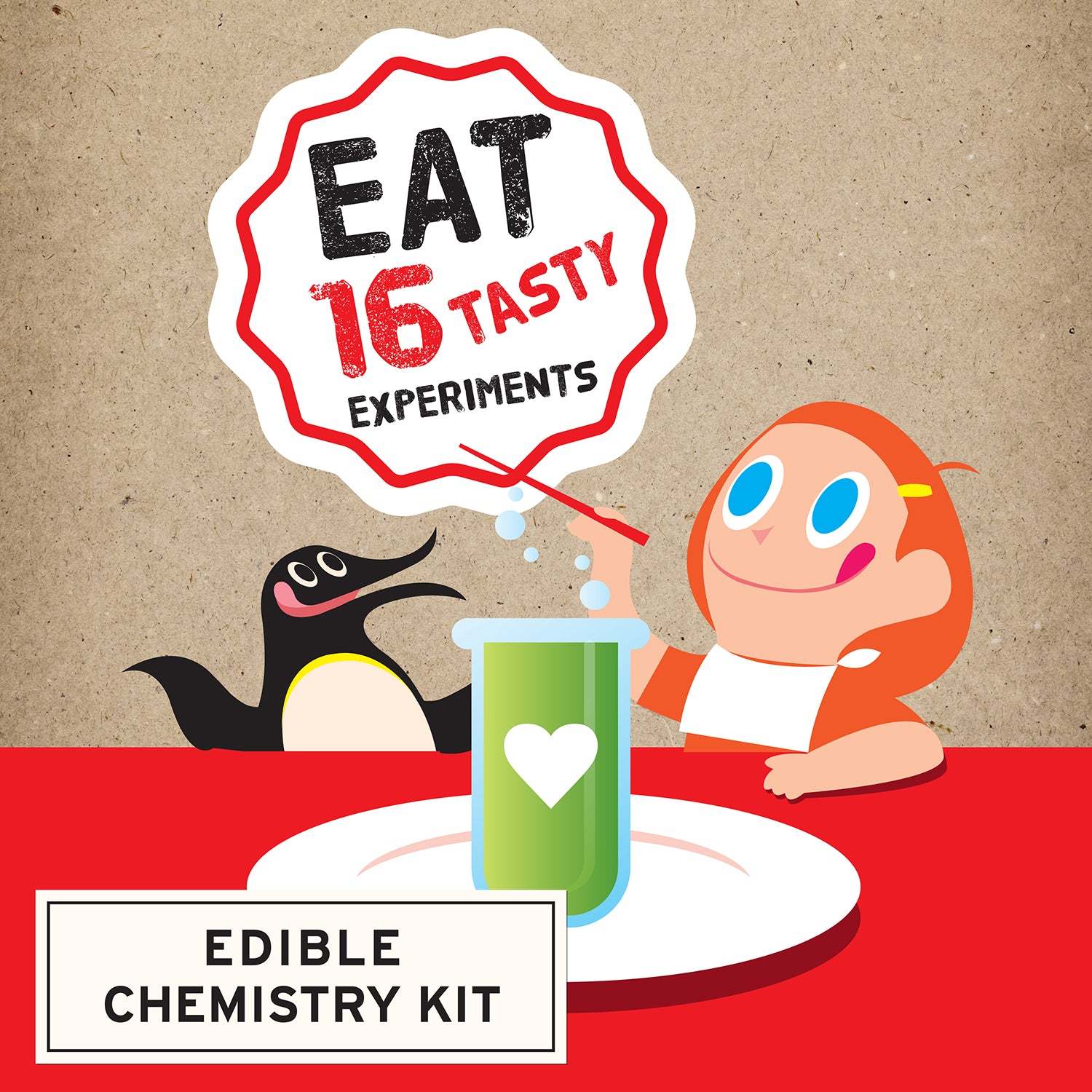 Edible chemistry kit advertisement with a cartoon character and penguin, set against a brown background.