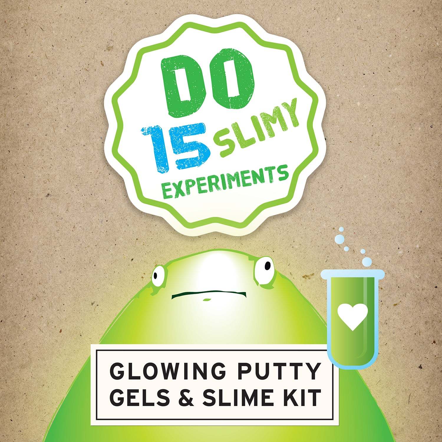 Promotional image for a slime kit with a green putty and text on a brown background