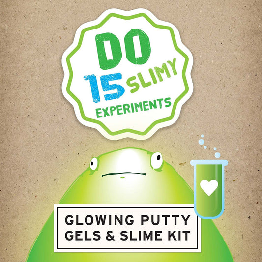 Promotional image for a slime kit with a green putty and text on a brown background