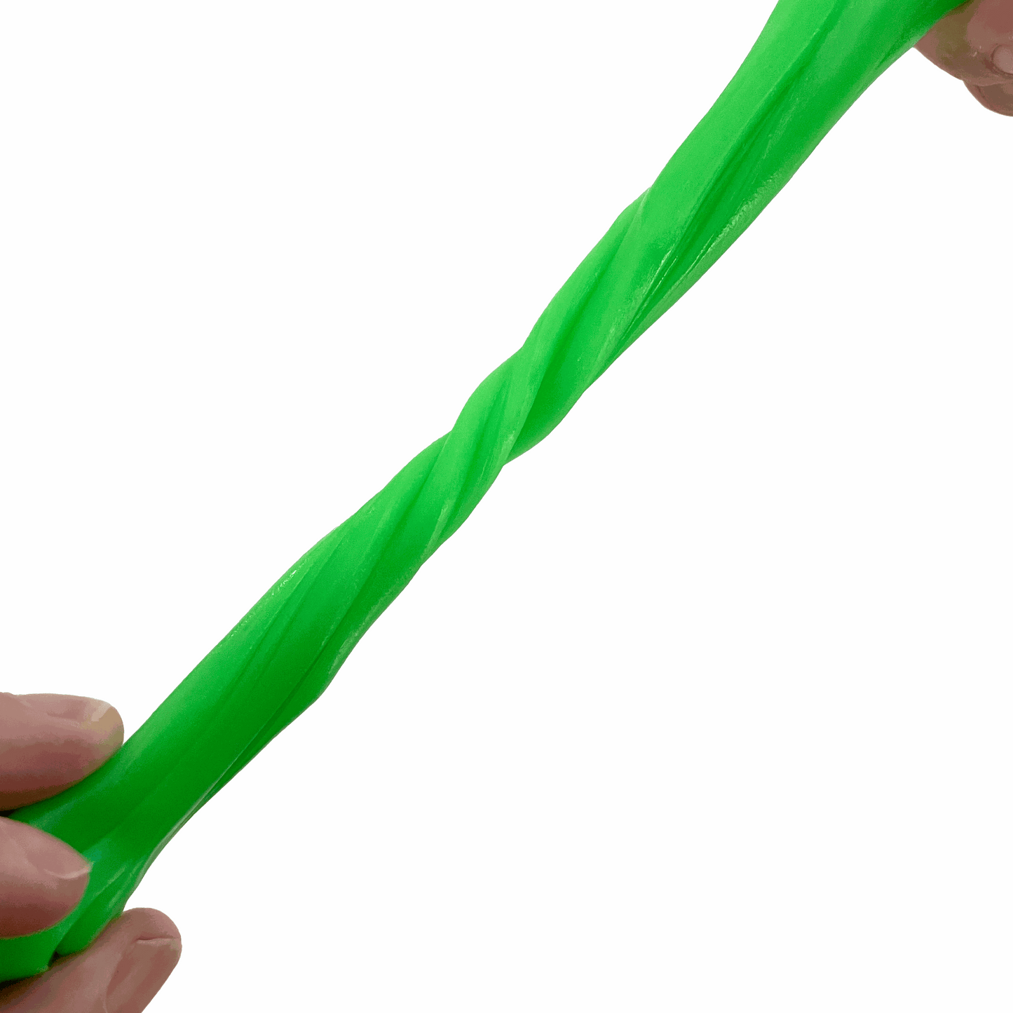 Green slime being stretched between two hands on a white background