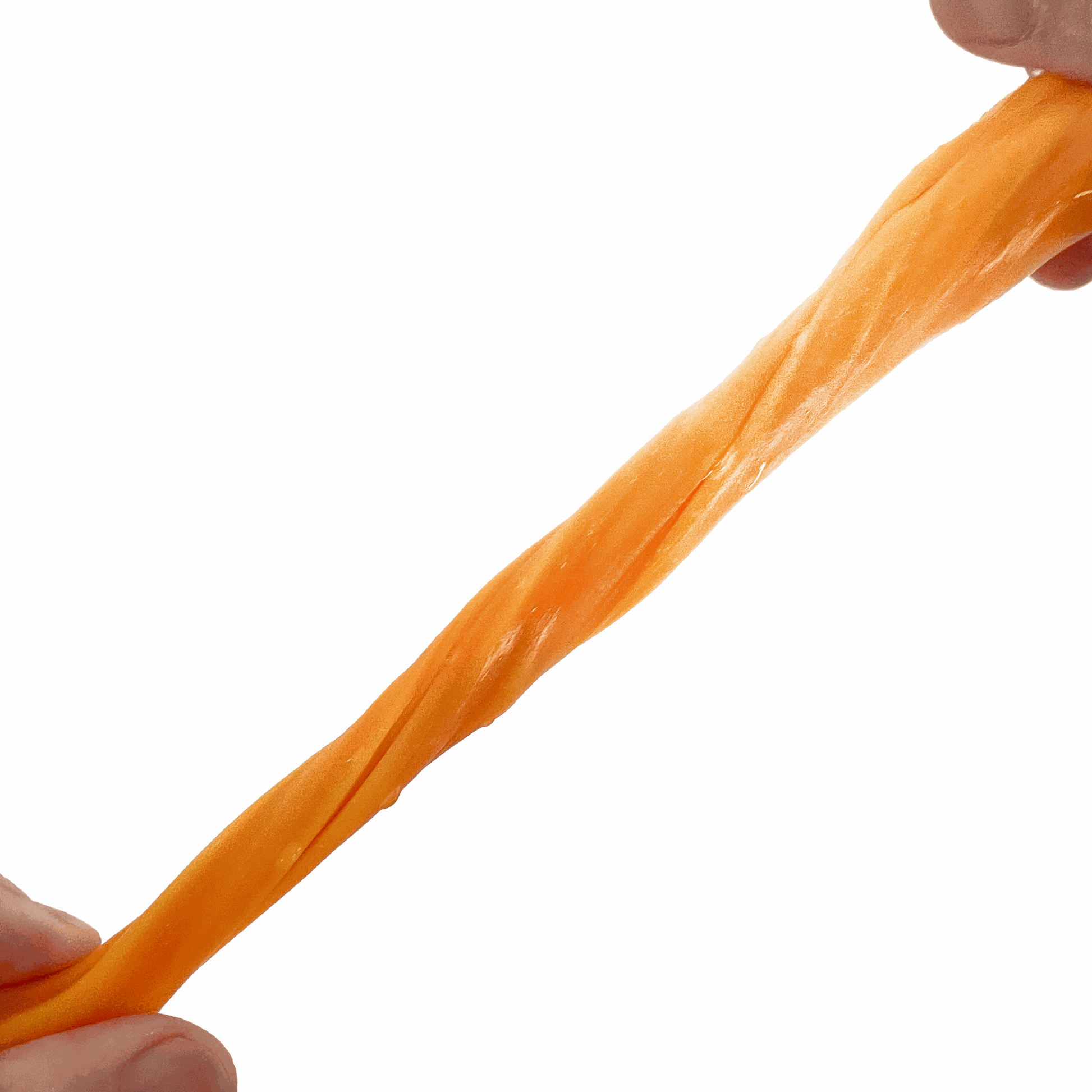 Orange slime being stretched between two hands on a white background