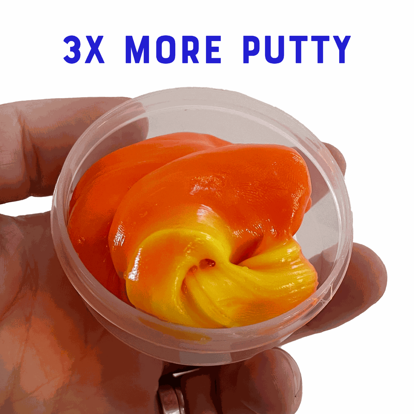 Clear container with orange and yellow putty, held by a hand, on a white background with '3X MORE PUTTY' text.
