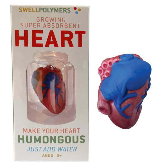 Super absorbent heart toy with packaging labeled 'Swell Polymers' on a white background.