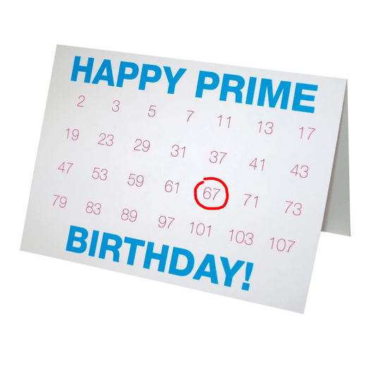 Calendar card with 'Happy Prime Birthday!' text and a red circle around the number 67.