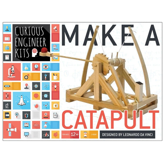 Catapult kit packaging with 'Curious Engineer Kits' branding and a wooden catapult model.