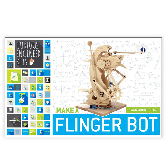 Wooden flinger bot kit with Curious Engineer Kits branding on a white background