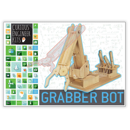 Wooden grabber bot model with Curious Engineer Kits branding on a white background