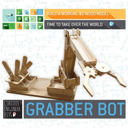 Wooden grabber bot model with promotional text and Curious Engineer Kits branding.