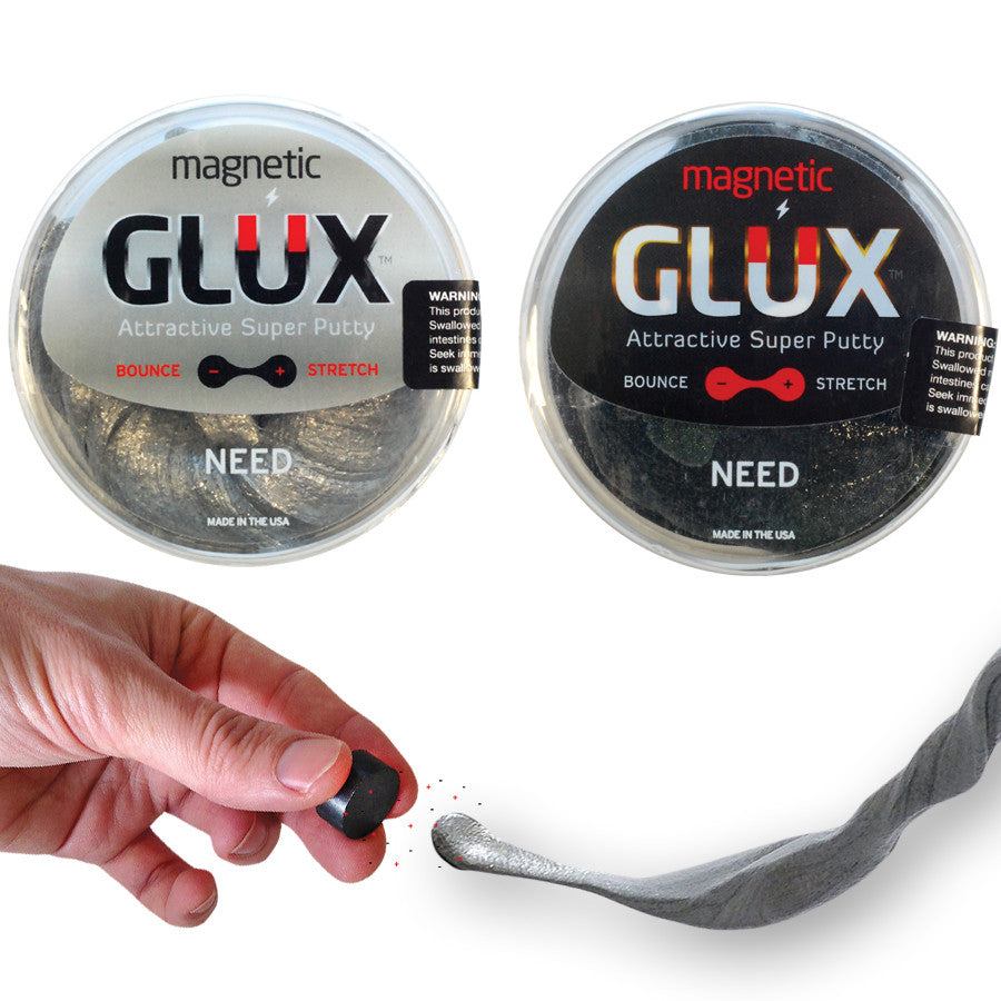 Two containers of GLUX magnetic putty with a hand demonstrating its use on a white background.