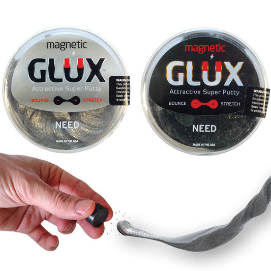 Two containers of GLUX magnetic putty with a hand demonstrating its use on a white background.