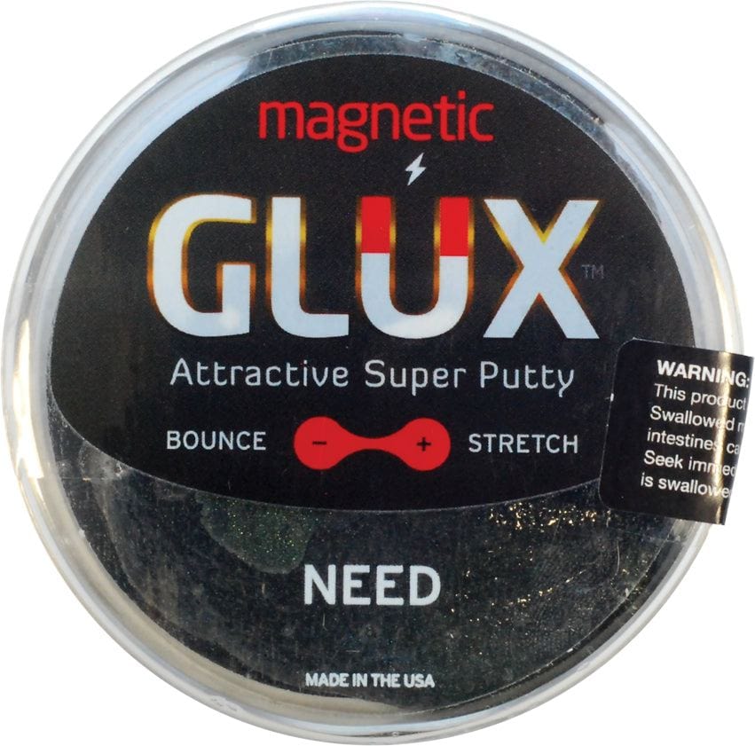 Magnetic GLUX putty container with label on a white background