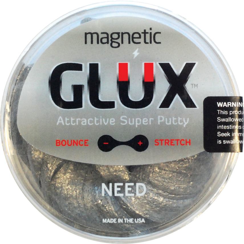 GLUX magnetic putty container with branding and product features on a white background