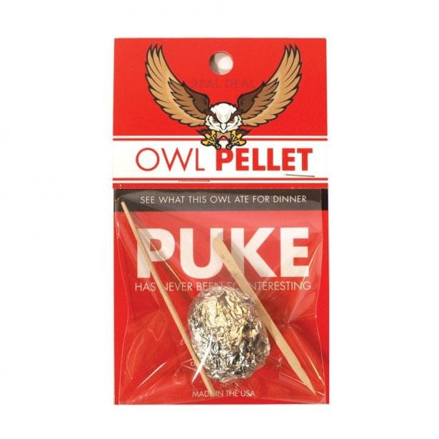 Packaged owl pellet with red label and eagle logo on a white background