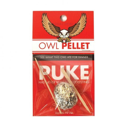 Packaged owl pellet with red label and eagle logo on a white background