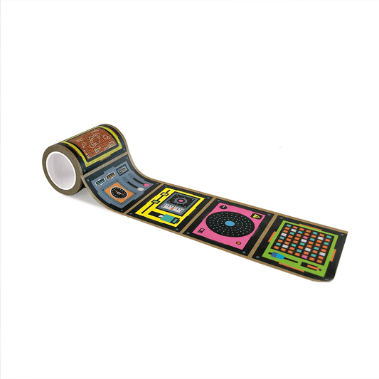 Colorful roll of tape with electronic device design on a white background