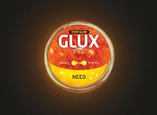 GLUX super putty container with glowing effect on a dark background