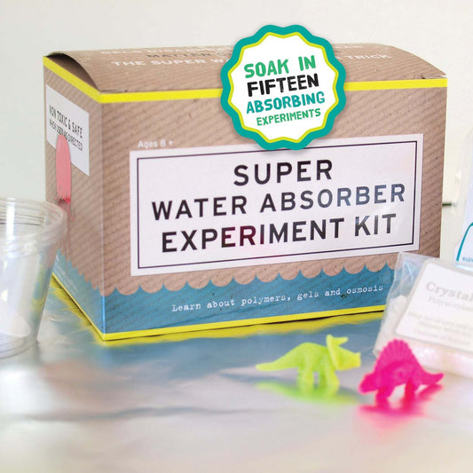 Super Water Absorber Experiment Kit with toy dinosaurs on a white background