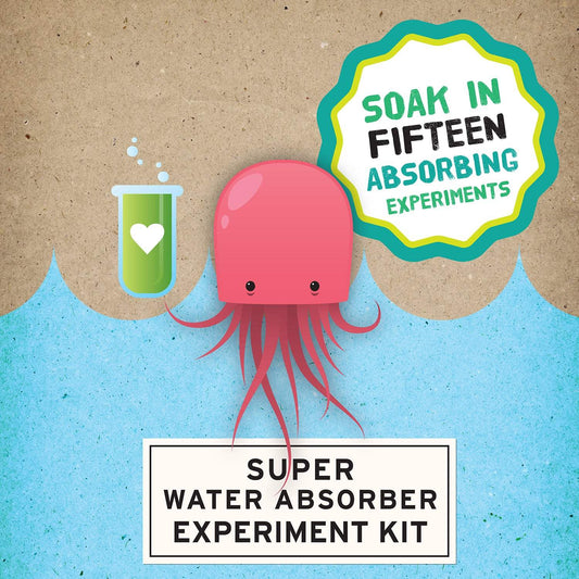 Book cover with a pink octopus and a green beaker on a brown and blue background, featuring text about absorbing experiments.