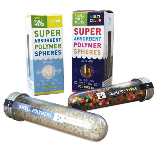 Super absorbent polymer spheres with packaging on a white background