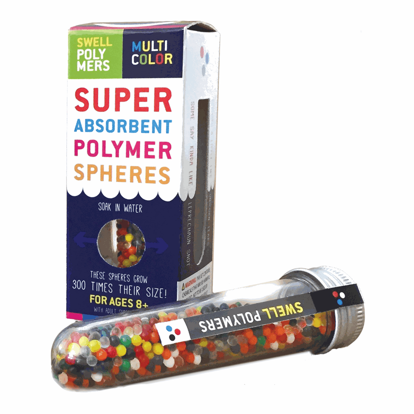 Super absorbent polymer spheres packaging with colorful beads in a tube on a white background